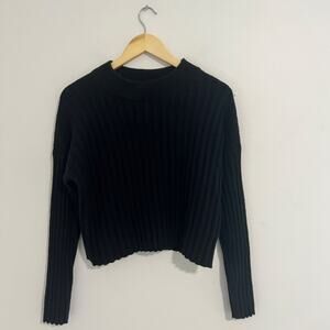 Madewell Black Ribbed Wool and Cotton Blend Cropped Sweater Size Large